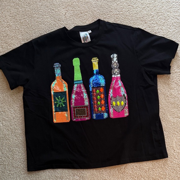 QUEEN OF SPARKLES Tops - QUEEN OF SPARKLES TOP | Black T-Shirt with Colorful Bottle Design